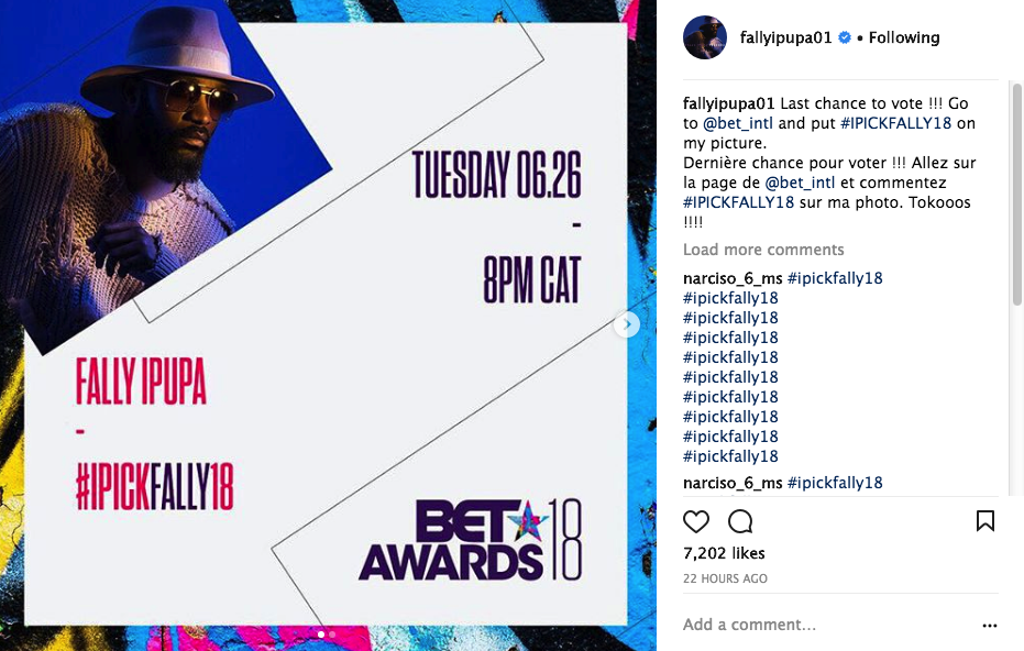 Fally Ipupa lance un dernier appel pour voter pour lui, pour le BET Award 2018